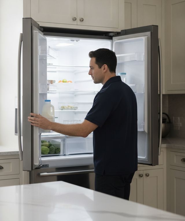 A technician in a navy polo at an open French door refrigerator, one hand on the left door, looking inside