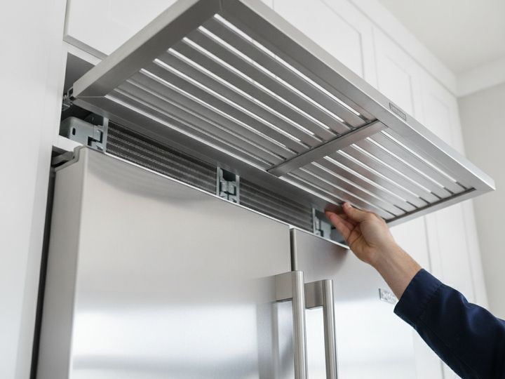 A hand lifting the top grille of a stainless built-in refrigerator set into white kitchen cabinets