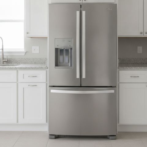 A stainless steel French door refrigerator with a freezer drawer, between white kitchen cabinets