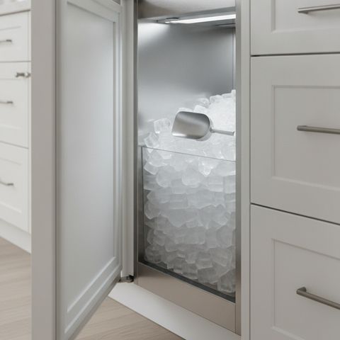 A panel-ready under-counter ice maker standing open on a bin of clear ice and a scoop