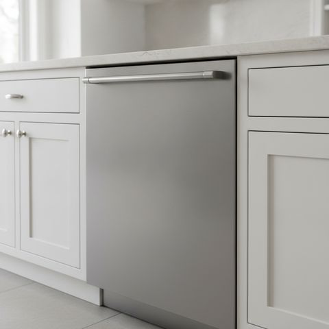 A stainless steel built-in dishwasher under a stone countertop between white cabinets