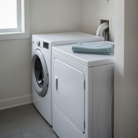 A laundry closet with a white washer and dryer side by side, the dryer’s duct running into the wall
