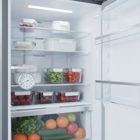 An open refrigerator stocked with food, a dial thermometer on a shelf