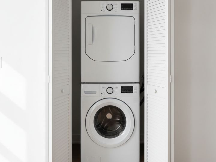 A white washer and dryer stacked in a hallway laundry closet, its louvered doors folded open