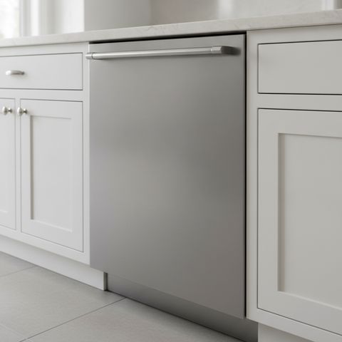 A stainless steel built-in dishwasher under a stone countertop, between white cabinets