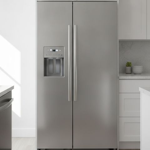 A stainless steel side-by-side refrigerator with a water and ice dispenser, between white cabinets