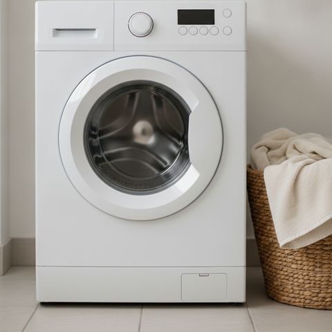 A white front-load washing machine beside a wicker basket of towels