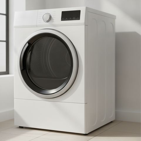 A white front-load dryer with a round glass door in a bright laundry room