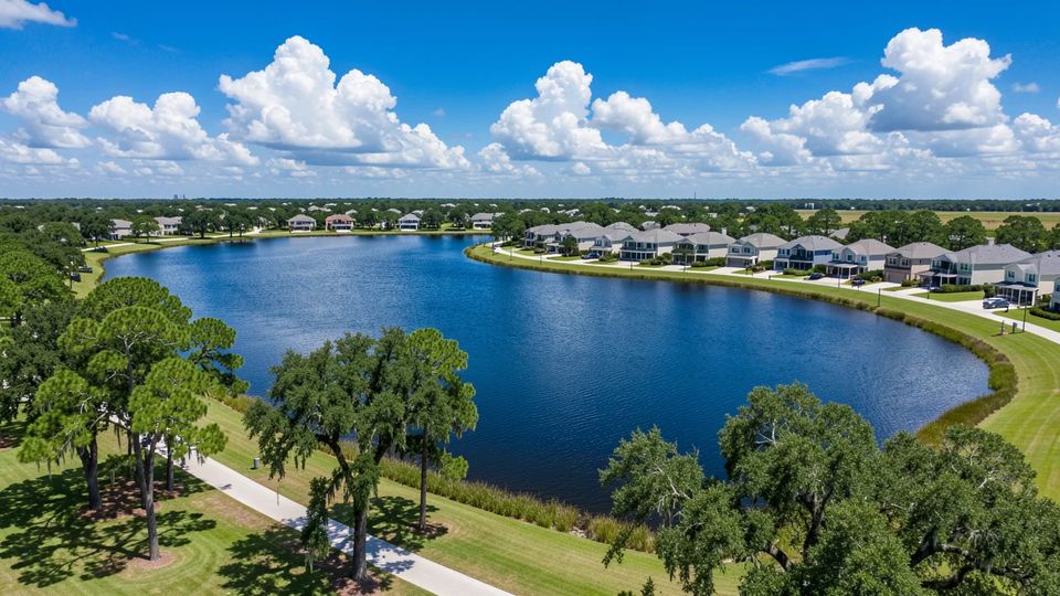 A deep blue lake with live oaks and pines on its banks and a neighborhood of new homes along the far shore, under a bright Florida sky
