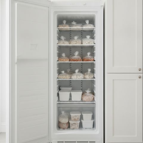 An upright freezer standing open, its wire shelves stocked with frozen food
