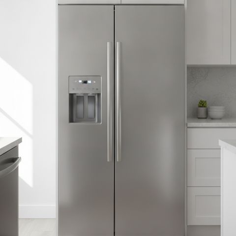 A stainless steel side-by-side refrigerator with a water and ice dispenser, between white cabinets