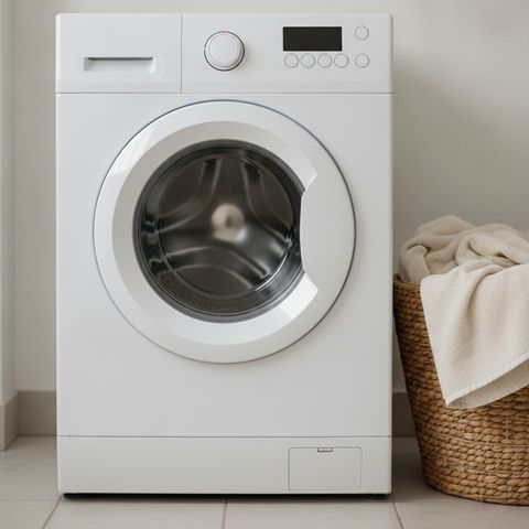 A white front-load washing machine beside a basket of folded towels