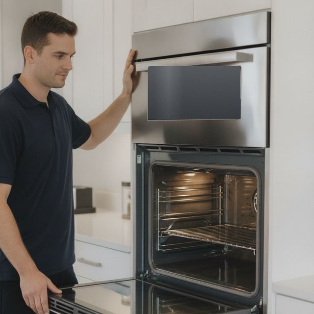A technician standing at a wall oven with its lower door folded open, one hand on the door
