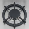 A cooktop burner cap seated on its base inside a black grate, no flame
