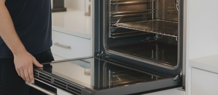 A technician’s hand on the open door of a wall oven, the empty oven behind it