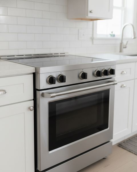A stainless steel slide-in range with a smooth black glass top, between white cabinets