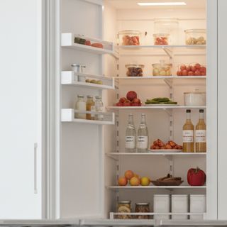A white panel-ready built-in column refrigerator standing open in a bright kitchen