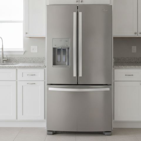 A stainless steel French door refrigerator between white kitchen cabinets