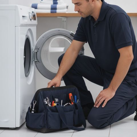 A technician in a navy polo kneeling at an open front-load washer, reaching into his tool bag