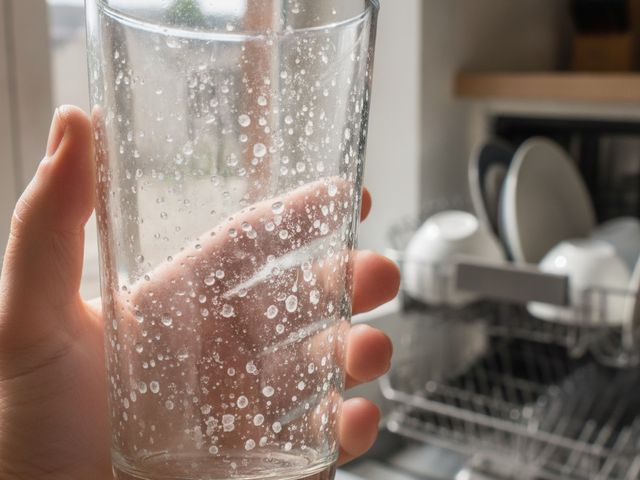 A hand holding up a drinking glass covered in water spots in front of an open dishwasher