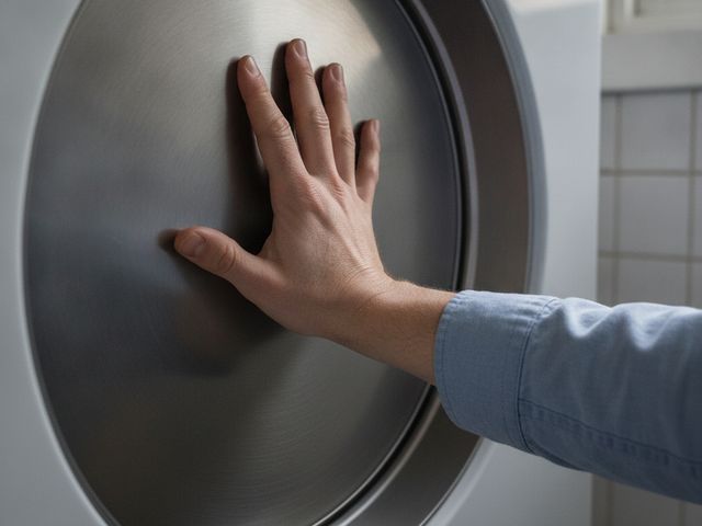 A hand laid flat inside the steel drum of a dryer, checking for heat