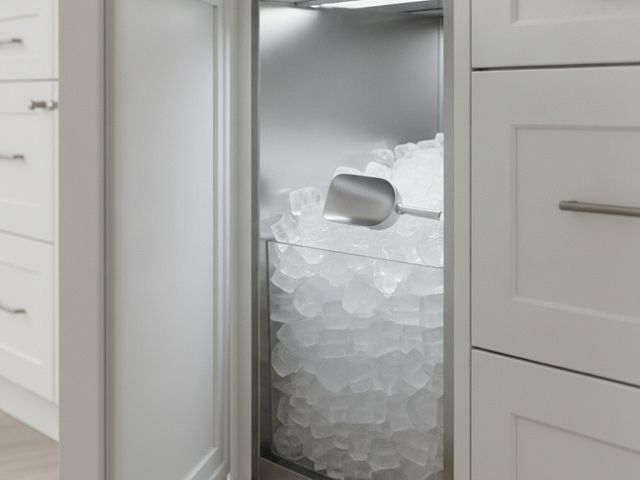 A panel-ready undercounter ice machine in a kitchen island, its door open on clear ice and a scoop