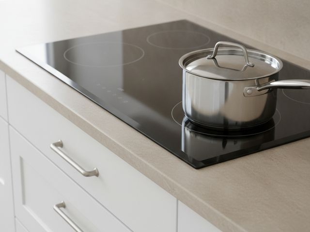 A black glass cooktop set into a stone counter, a steel pot on one burner, white drawers below