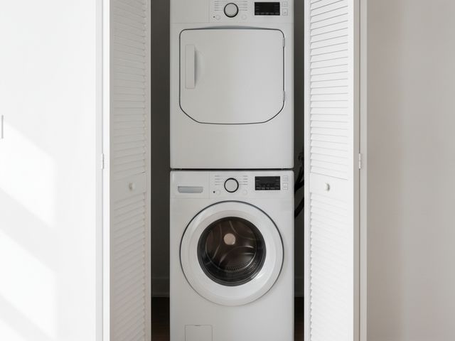 A laundry closet with its white louvered doors folded open around a washer and dryer stacked inside