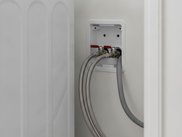 Two braided hoses running from the hot and cold valves in a wall box to the back of a white washer