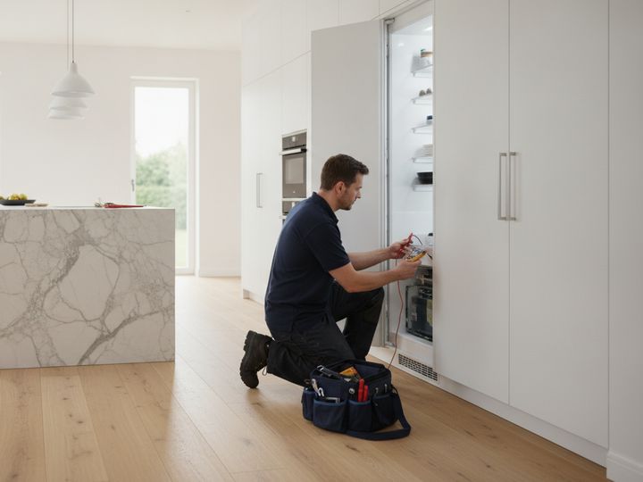 A technician in a navy polo kneeling at an open built-in refrigerator in a bright, new-looking kitchen, testing it with a meter