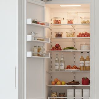 A white panel-ready built-in column refrigerator standing open in a bright kitchen