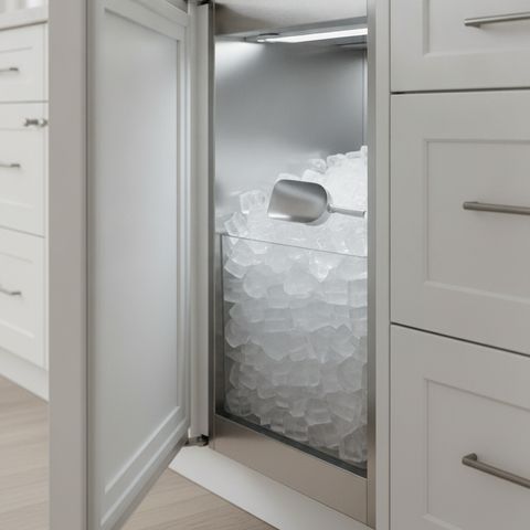A panel-ready under-counter ice maker standing open on a bin of clear ice and a scoop