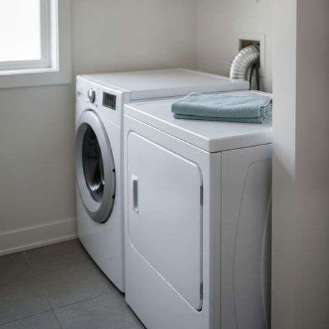 A laundry closet with a white washer and dryer side by side, the dryer’s duct running into the wall