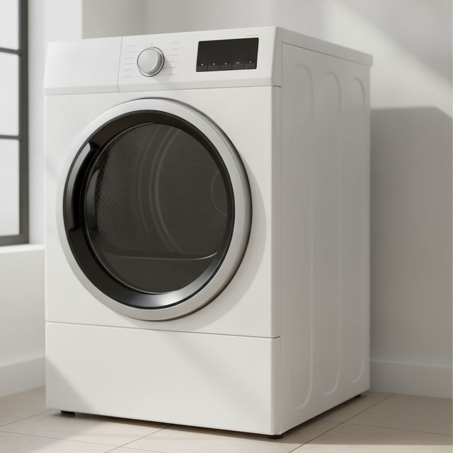 A full-size white front-load dryer with a round glass door, standing on a tiled laundry room floor