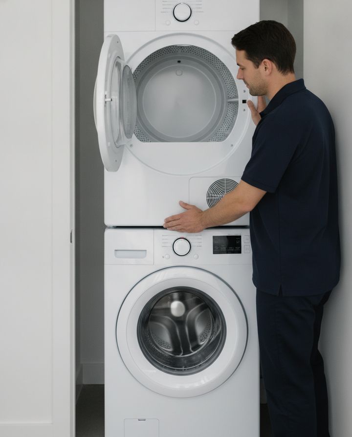A technician in a navy polo looking into the open drum of a dryer stacked on a washer
