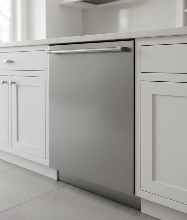 A stainless built-in dishwasher with a bar handle, fitted under a stone countertop between white shaker cabinets