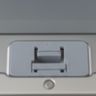 A close view of a door latch catch on the stainless rim of a dishwasher