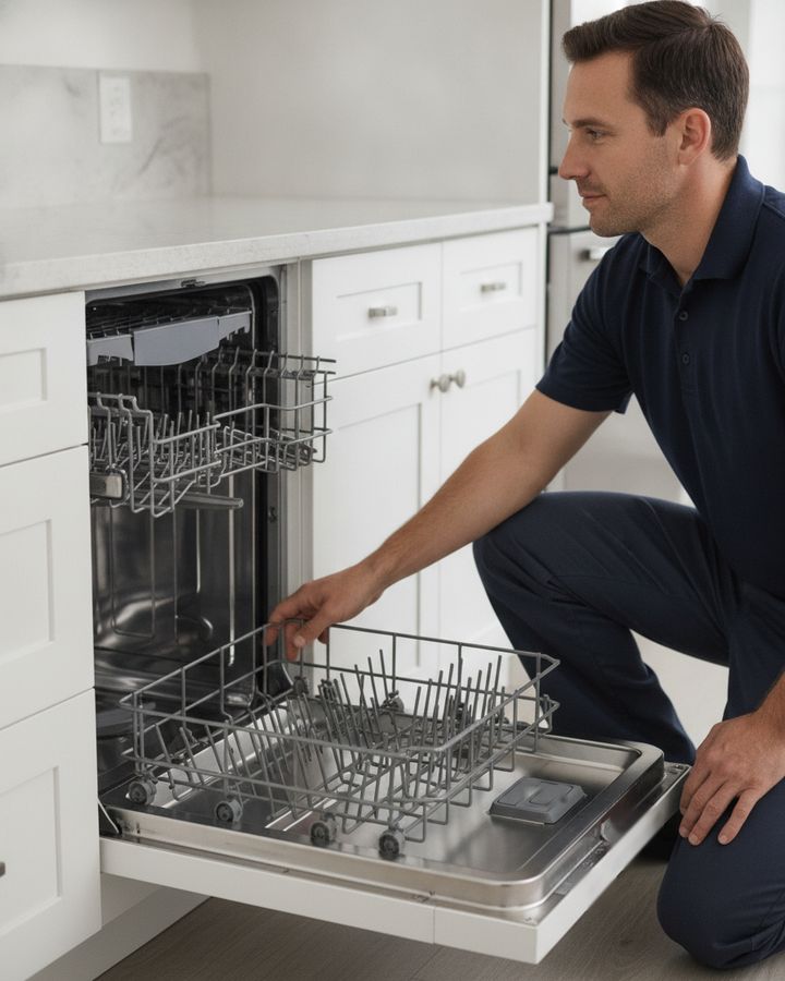 A technician in a navy polo kneeling at an open built-in dishwasher, one hand on the lower rack