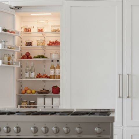 A built-in column refrigerator standing open beside white panel-ready doors, with a stainless range in front