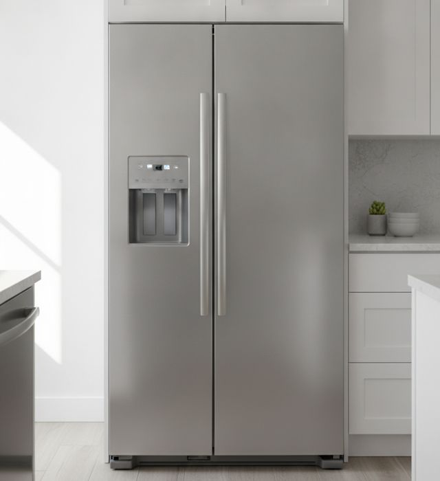 A stainless steel side-by-side refrigerator with an ice and water dispenser in its left door, between white kitchen cabinets