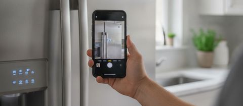 A hand holding up a phone to photograph the lit display on a stainless refrigerator door