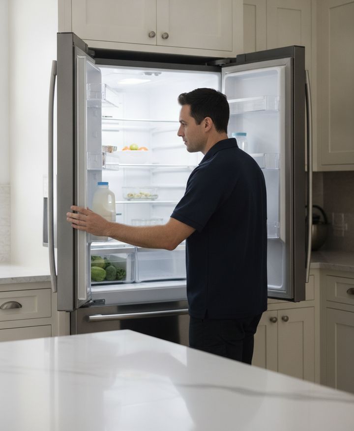 A technician in a navy polo at an open French door refrigerator, one hand on the left door, looking inside