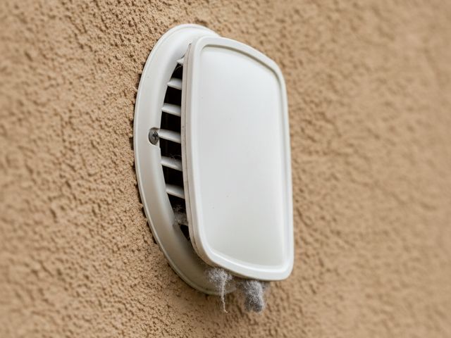 A white dryer vent hood on an outside wall, a little lint caught at its edge