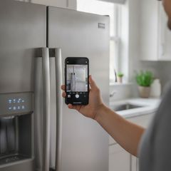 A hand holding a phone up to a French door refrigerator, photographing the lit display on its door