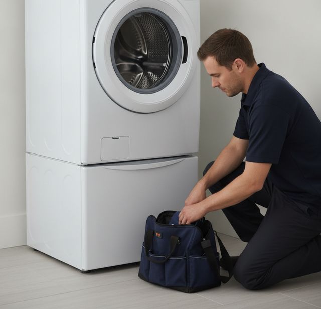 A technician in a navy polo kneeling beside a full-size front-load washer on its pedestal, reaching into his tool bag