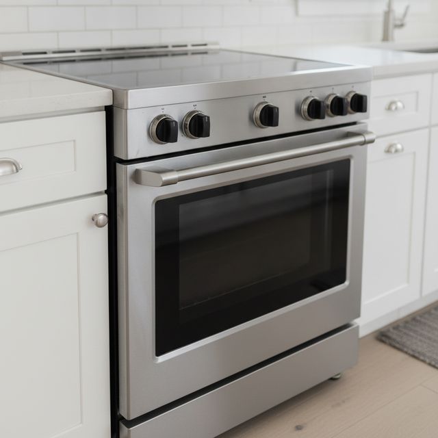 A stainless steel slide-in electric range with front knobs and a smooth black glass top, between white cabinets