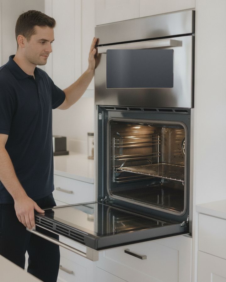 A technician in a navy polo at a wall oven, its lower door folded open, one hand on the oven