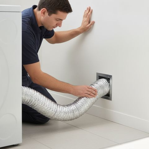 A technician kneeling at a laundry room wall, one hand on the dryer duct where it enters the wall