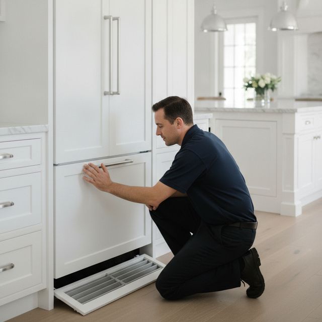 A technician in a navy polo kneels at a panel-ready built-in refrigerator, its bottom grille off on the floor beside him