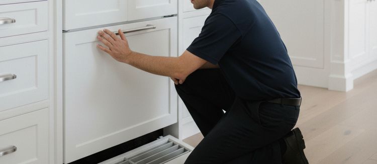 A technician kneeling at the base of a built-in refrigerator